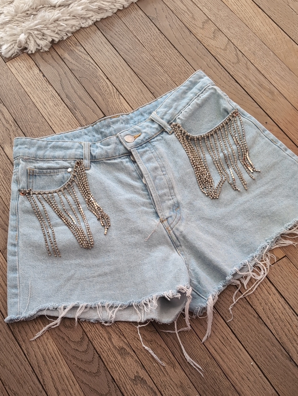 H&M Denim Shorts Blue Fringe Rhinestone High Rise - Picture 4 of 15